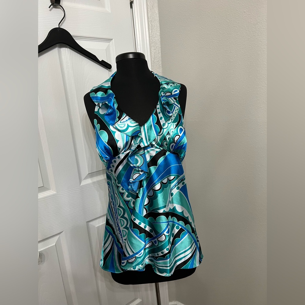 Super hot trendy blue Y2K baddie halter ruffled flowy mermaidcore top size large